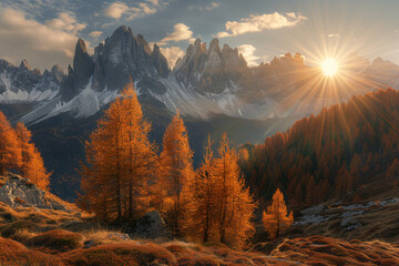 In the autumn of nature, in an alpine valley with dark brown larch trees and orange foliage atop high mountains in northern Italy, the sun shines through them. The mountain range has snowcapped peaks. - Powered by Adobe