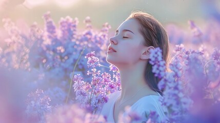 A girl is surrounded by lavender-hued lilac flowers in a serene and joyful landscape with shades of
