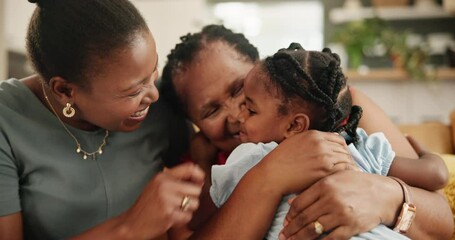 Happy, hug and child with grandmother and mother on sofa laughing, playing and bonding together. Smile, relax and young girl kid embracing with mom and senior woman in living room at family home.