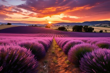 Tranquil countryside  impressionist sunset in lavender field with soft purple and golden sky - obrazy, fototapety, plakaty