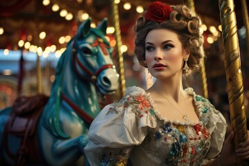 Obraz premium Festive carnival scene with a woman wearing carousel horse earrings.