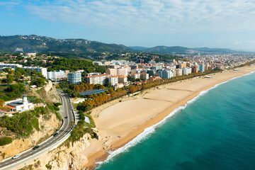Aerial panoramic view from drone of Calella city in el Maresme, Catalonia, Spain