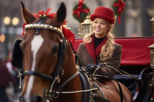 Festive horse-drawn carriage ride with a focus on a woman wearing horseshoe-shaped earrings.