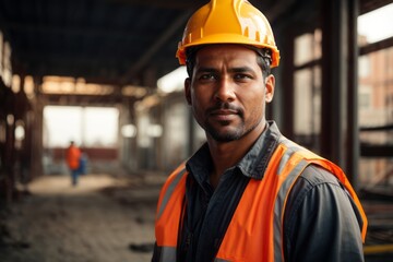 Fototapeta premium engineer looks forward in protective helmet and safety suit with building construction in the background