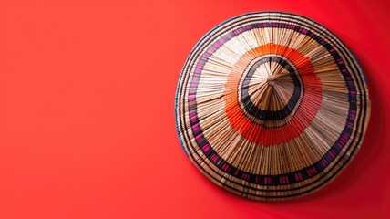 An intricately woven traditional hat displayed prominently against a bold red background - obrazy, fototapety, plakaty