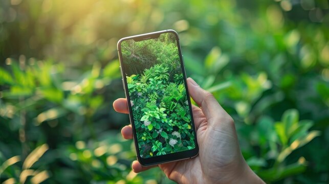 A person is holding a cell phone with a green screen showing a lush green field
