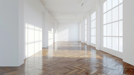 Obraz premium Empty white room with white walls and wooden parquet floor,