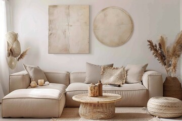 Contemporary Living Area with Beige Tones and Textured Decor. Generative AI.