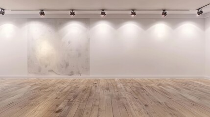 Empty white wall with spot lights and wooden floor - obrazy, fototapety, plakaty