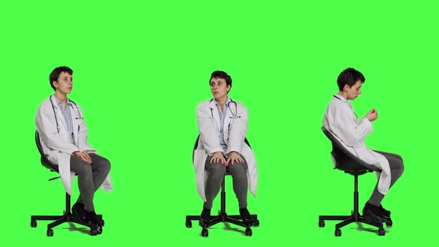 Physician in white coat waiting for patients at consultations, feeling impatient sitting on a chair against greenscreen backdrop. Medic practitioner with stethoscope waits for people. Camera A.