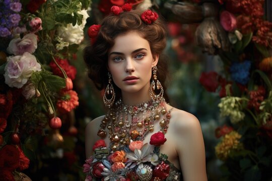 Festive garden party with a focus on a woman wearing floral-inspired Christmas jewelry.