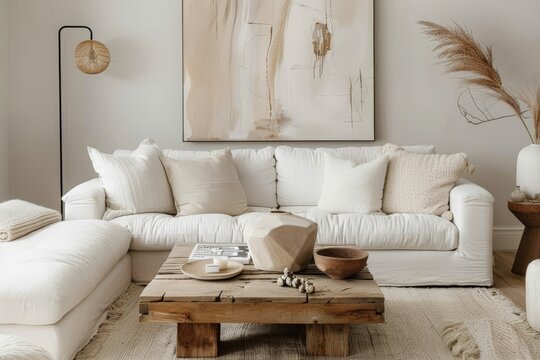 Neutral Living Room with Plush White Sofa and Abstract Wall Art. Generative AI.