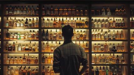 Person silhouetted against a wall of illuminated liquor bottles