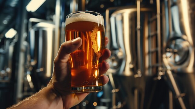 Hand presenting a frothy pint of beer in a brewery atmosphere