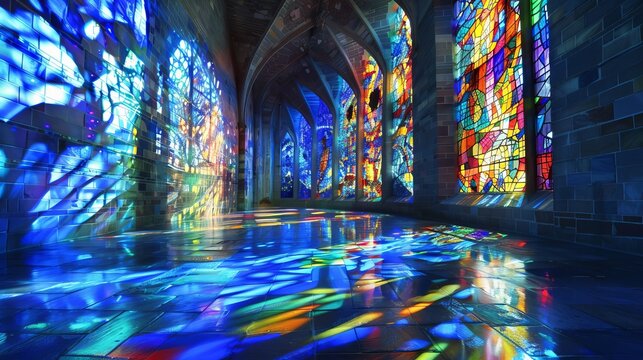 Vibrant stained glass against textured surfaces creates a colorful background illuminated by blue