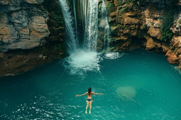 Girl swimming in a mountain lake by a waterfall