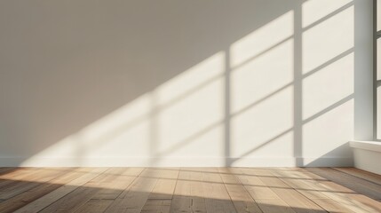 Mock up of empty room and wood laminate floor with sun light cast the shadow on the wall,