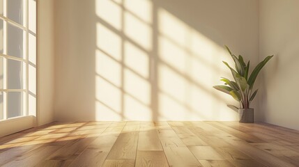 Mock up of empty room and wood laminate floor with sun light cast the shadow on the wall, - obrazy, fototapety, plakaty