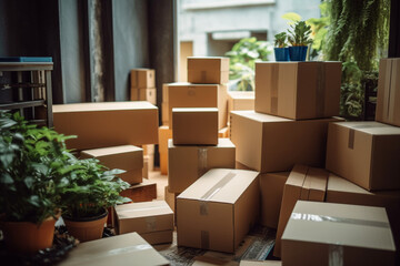 close-up of living home with cardboard boxes