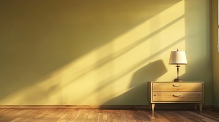Room interior with empty painted wall, light wooden drawer cabinet with lamp and parquet