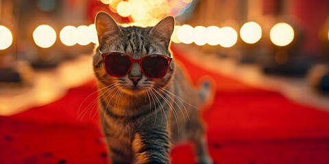 Cat with Hollywood glamour struts the red carpet in chic style sunglasses. Concept Red Carpet Event, Hollywood Glamour, Chic Style, Sunglasses, Cat Model - obrazy, fototapety, plakaty