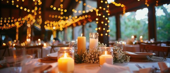 A beautifully decorated wedding reception hall with fairy lights candles - obrazy, fototapety, plakaty
