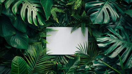 A blank frame mockup surrounded by lush tropical green leaves