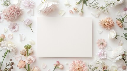 A blank wedding invitation mockup surrounded by soft floral decor