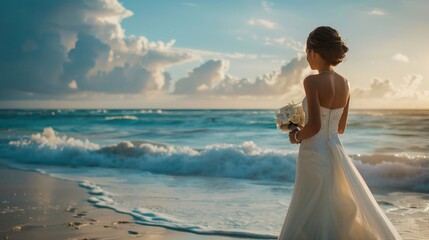 Fototapeta na wymiar A bride stands on the beach looking out at the ocean waves