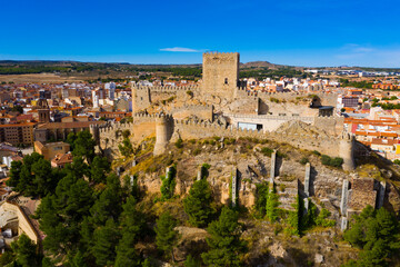Fototapeta na wymiar Fly over the Almansa castle. City of Almansa. Spain