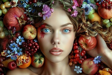 A Portrait of a beautiful woman with blue eyes surrounded by a whimsical swirl of fresh fruits and colorful flowers.