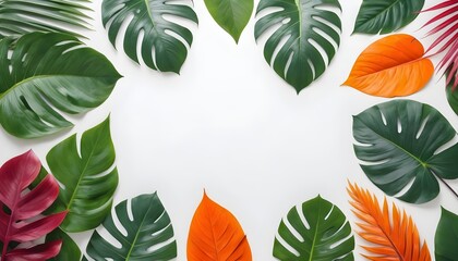 Fototapeta na wymiar Creative layout made of colorful tropical leaves on white background. Minimal summer exotic concept with copy space. Border arrangement.
