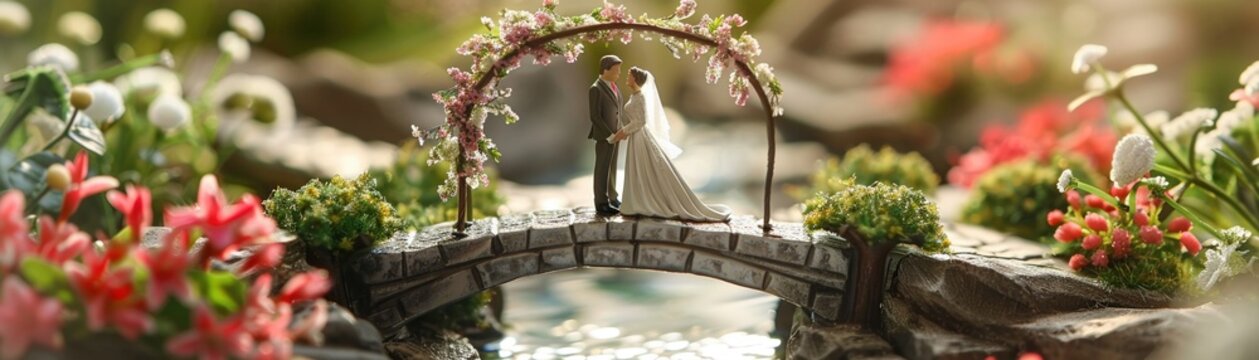 A Miniature wedding figurines of a bride and groom stand under a floral arch on a charming little bridge