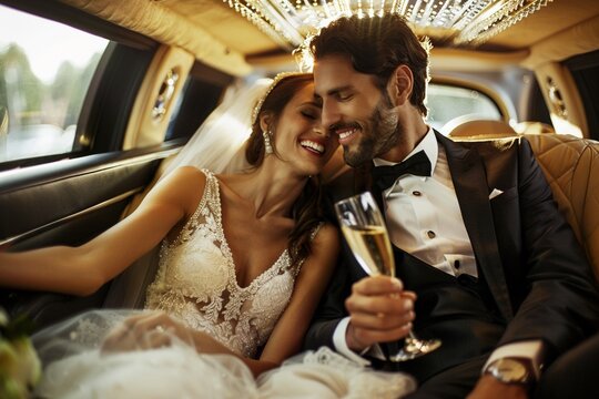A Newlyweds enjoy a private moment inside a luxury limousine sharing smiles and champagne