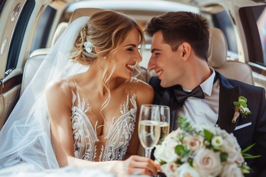 A Newlyweds enjoy a private moment inside a luxury limousine sharing smiles and champagne