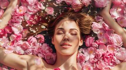 A woman lies in bliss among a sea of pink petals her expression one of pure joy and relaxation - obrazy, fototapety, plakaty