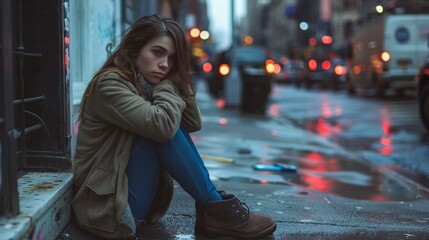 A young woman appears desolate sitting alone on a city sidewalk - obrazy, fototapety, plakaty