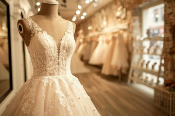 An Elegant bridal gowns on display in a boutique setting - obrazy, fototapety, plakaty