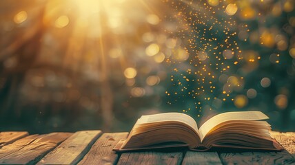 Open book with magical sparkles on a wooden table