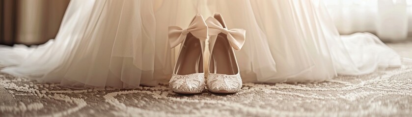 Fototapeta na wymiar An Elegant bridal shoes with delicate bows stand out against a blurred background of a white wedding dress