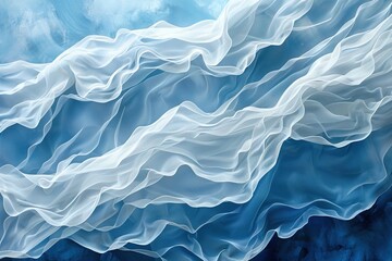 An abstract composition of white waves with a flowing texture on a soft blue background - obrazy, fototapety, plakaty