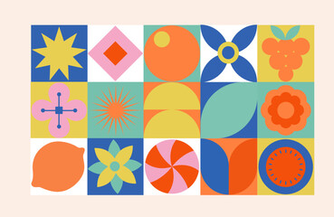 Modern geometric background. Abstract nature. Seamless pattern in style. Vector botanical flat illustration. Bauhaus style.