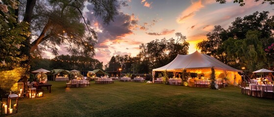 An outdoor wedding reception tent glows under the golden light of sunset