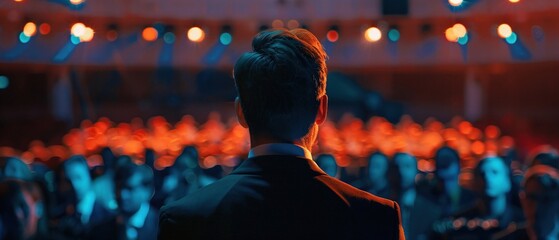 The back of a speaker addressing an attentive audience at a conference