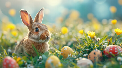 A fluffy rabbit is peacefully sitting in a colorful field of blooming flowers and Easter eggs,...