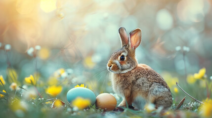 A cute rabbit sits in lush green grass beside a collection of colorful Easter eggs, creating a whimsical and magical scene. Generative AI