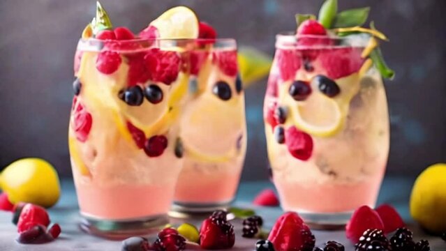 mocktail with berries and lemon, raspberry lemonade, motion