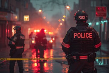 Police personnel collaborating within the confines of a crime scene enclosure