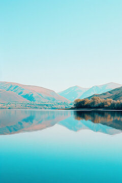 Photograph of the lake in front of hills, clear sky, reflection on the water, cinematic, beautiful landscape, bright day, calm mood, sunny, kodak film photography in the style of film photography.