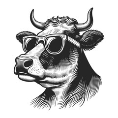 Stylish cow with sunglasses sketch engraving generative ai fictional character vector illustration. Scratch board imitation. Black and white image. T-shirt apparel design - obrazy, fototapety, plakaty